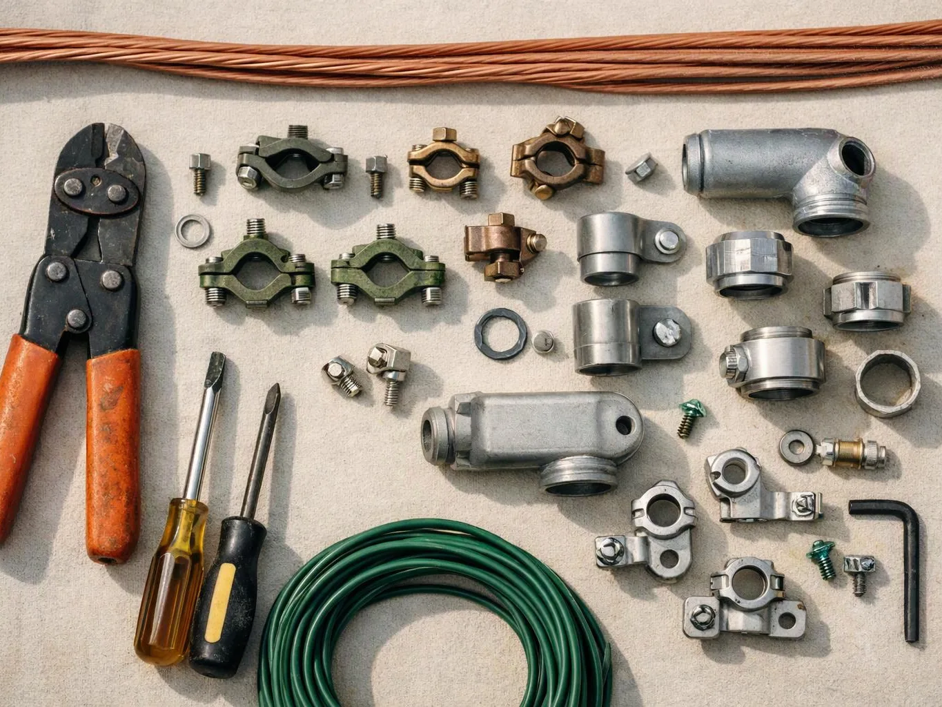 Assorted electrical cable connectors, bolts, tools, and copper wire are neatly arranged on a tabletop