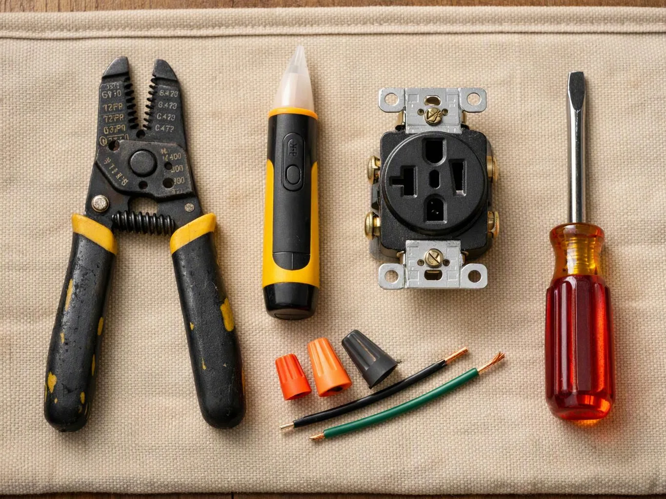 Assorted electrical tools and parts lie on a beige cloth, including pliers, a tester, a receptacle, a screwdriver, wire nuts
