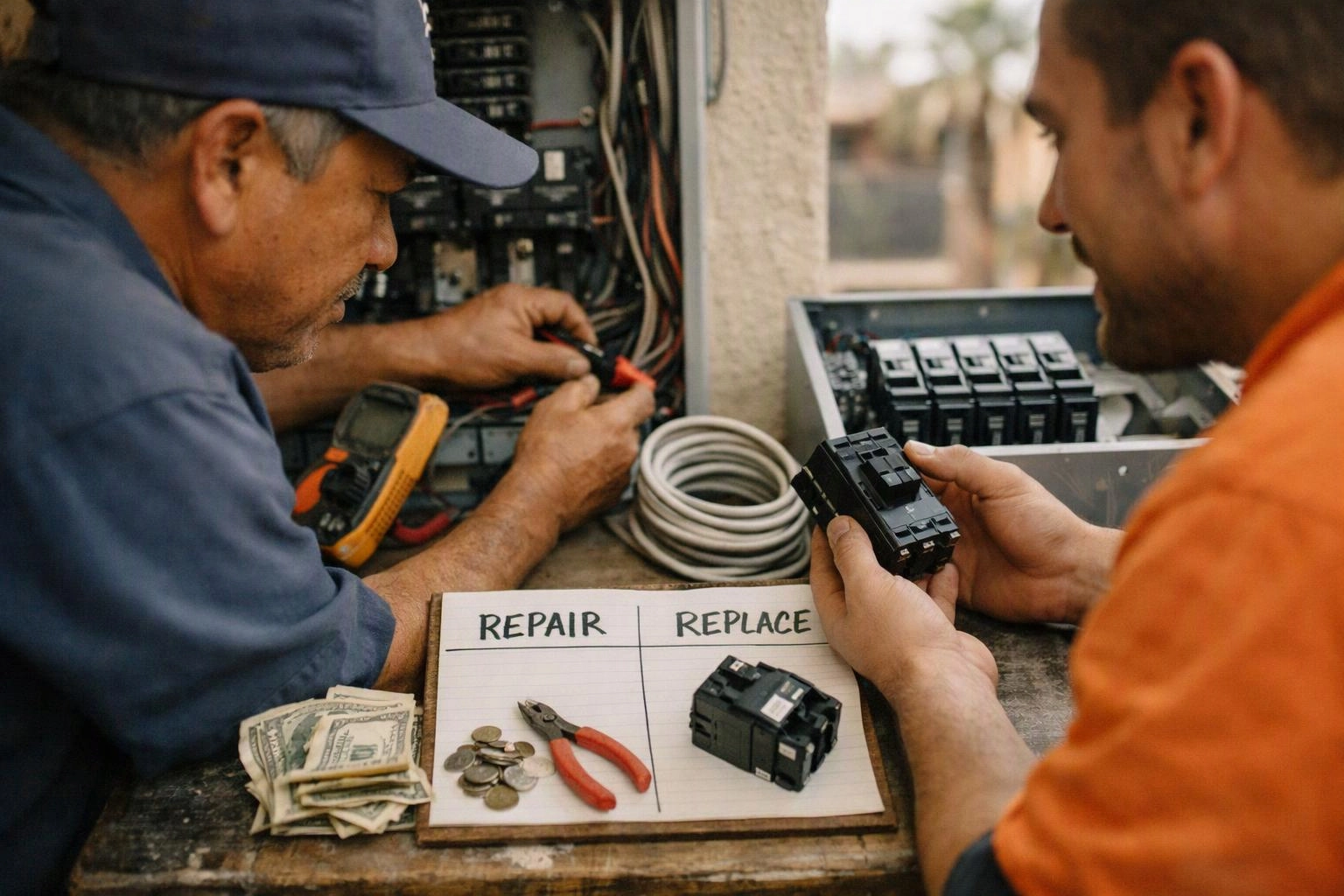 Two men work on an electrical panel, while a notepad marked repair and replace sits beside tools and cash
