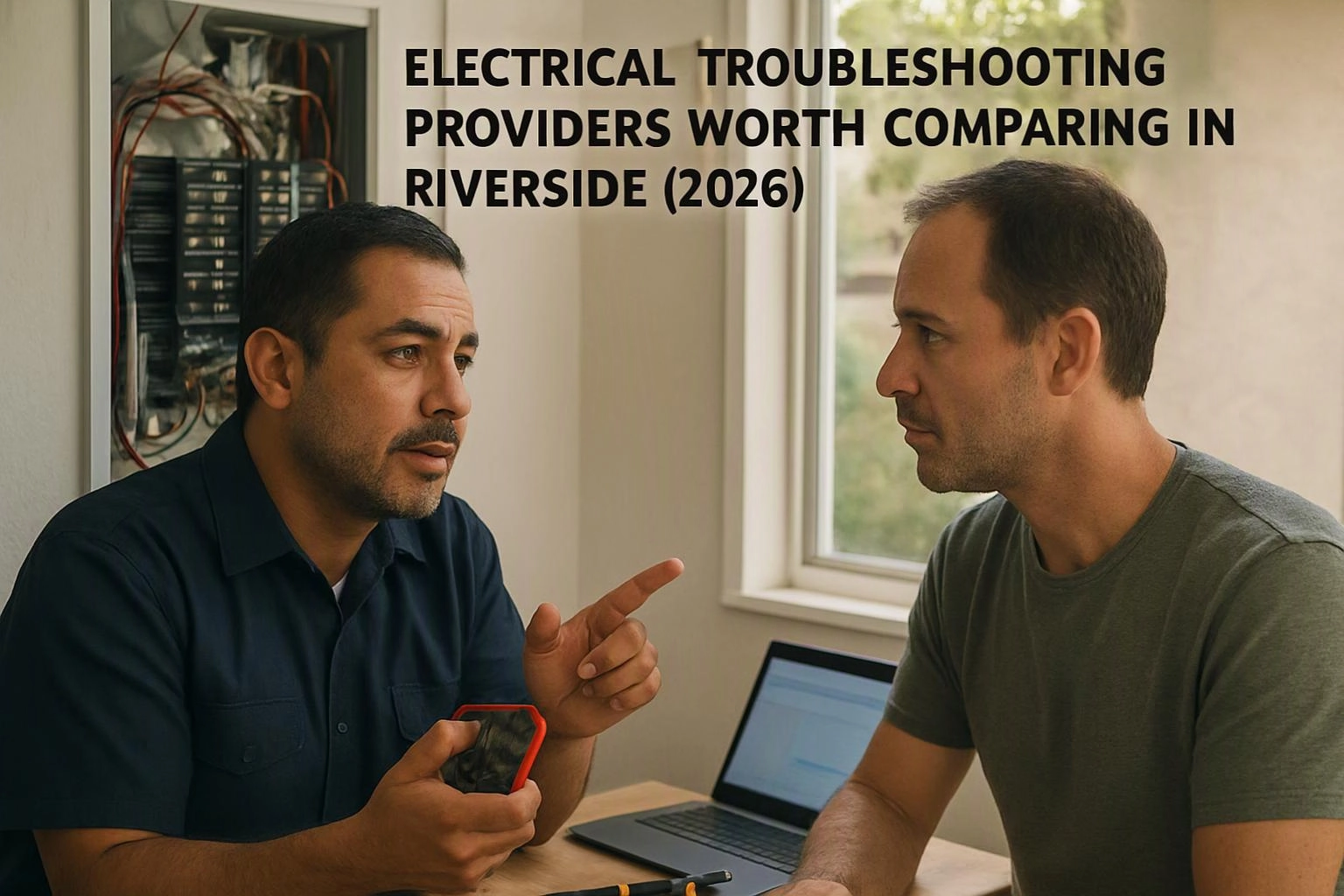 Two men talk beside an open electrical panel, with a laptop on the desk and bold text above them