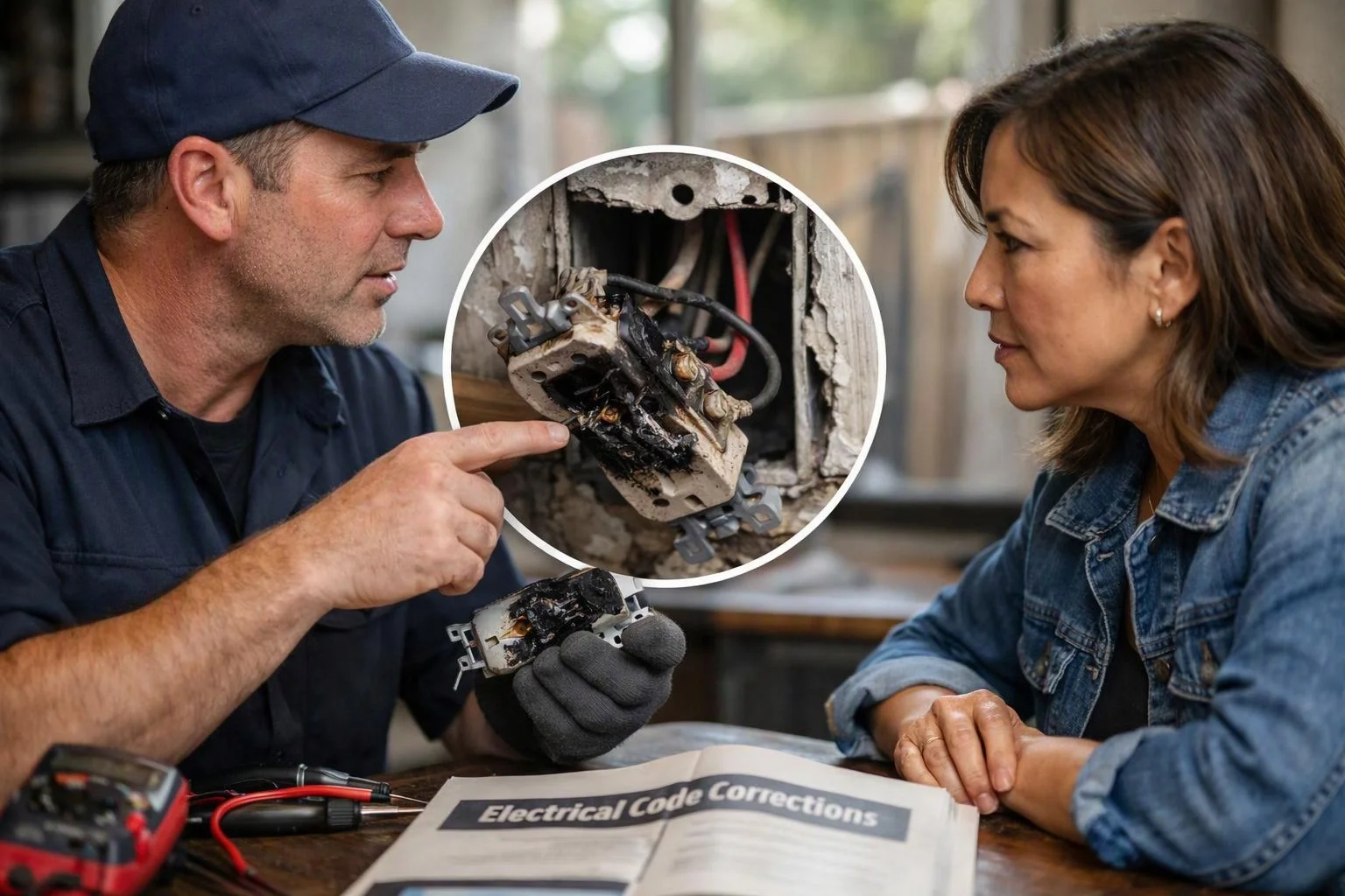 An electrician shows a burned outlet to a woman across a table with a repair guide