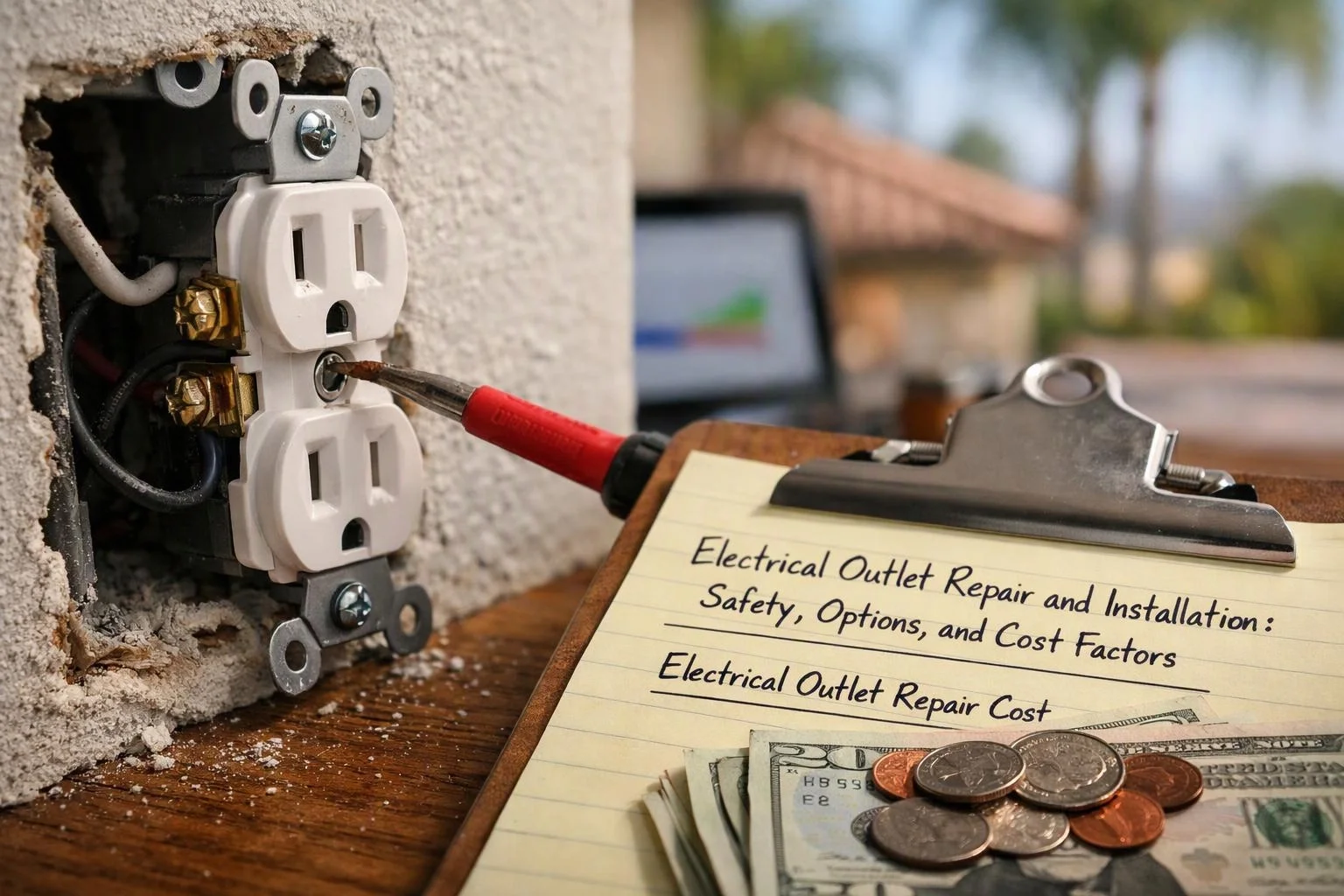 Macro product photograph of environmental still life in a real workspace where "Electrical Outlet Repair and Installation