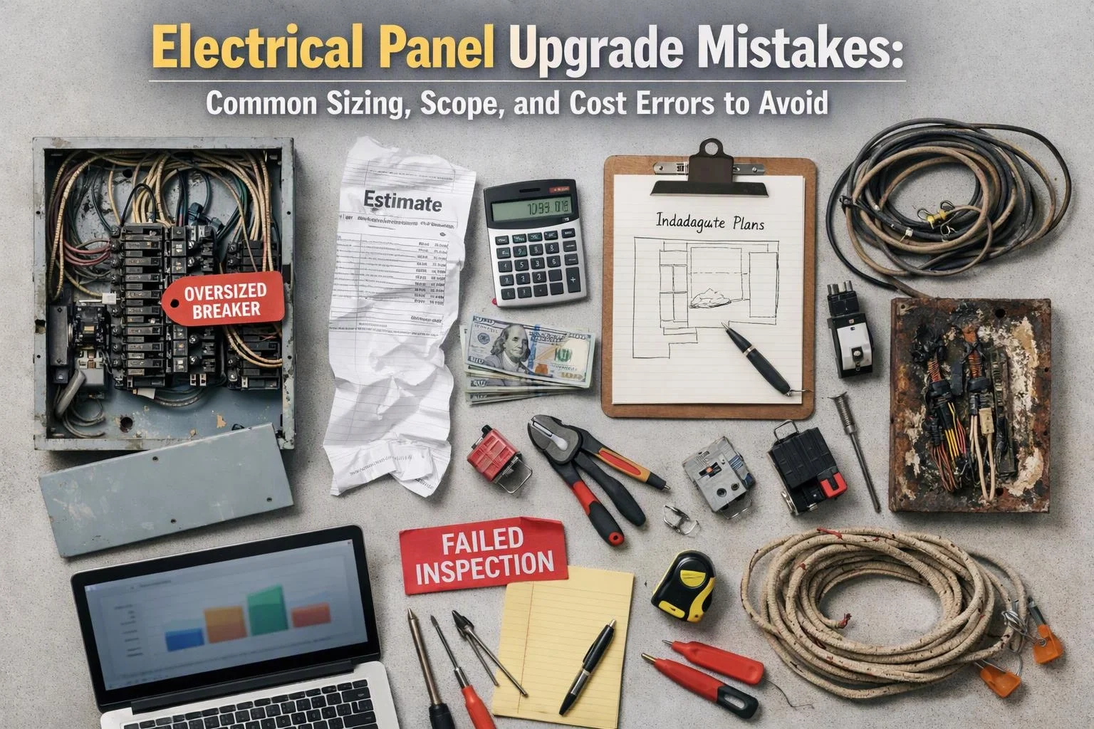 A flat lay shows electrical panel parts, tools, papers