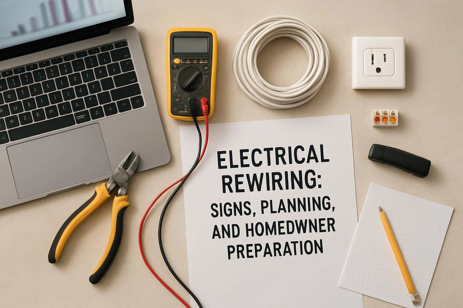 Aerial top-down flat-lay photograph of overhead flat-lay of items that represent "Electrical Rewiring: Signs, Planning