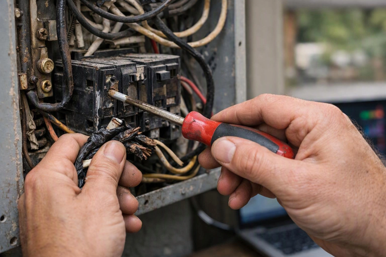 Hands use a screwdriver to repair a damaged breaker panel with exposed wires outdoors