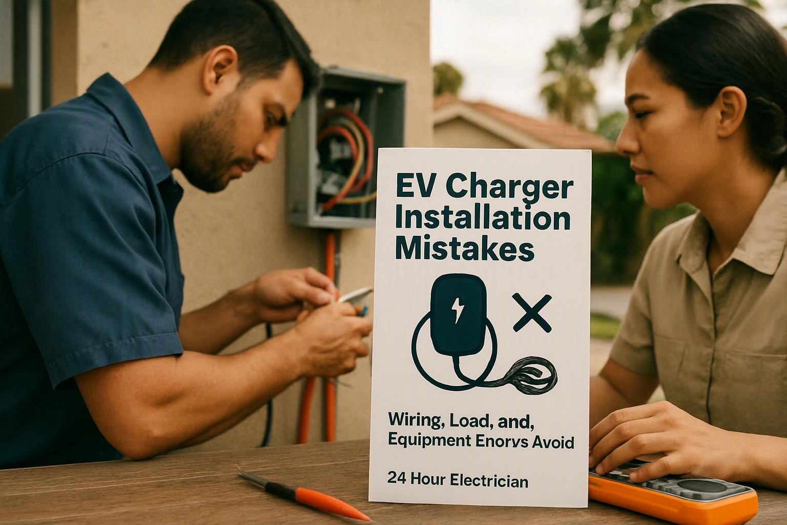 A man wires an outdoor electrical panel while a woman studies a sign about EV charger installation mistakes