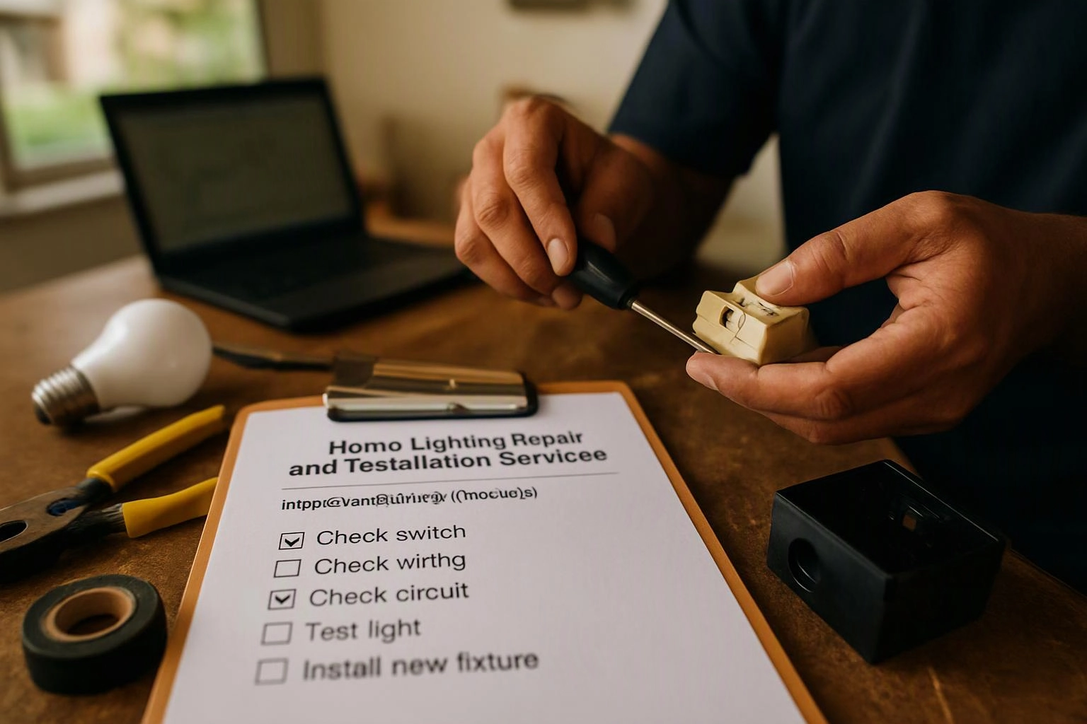 A person repairs a light switch at a desk with tools, a laptop, and a checklist on a clipboard