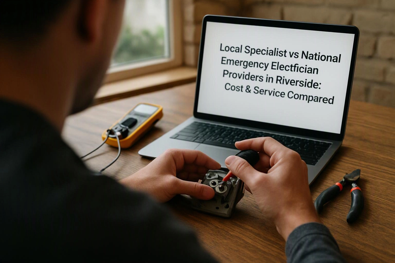 A person tests an electrical part at a wooden desk beside a laptop with a service comparison headline displayed