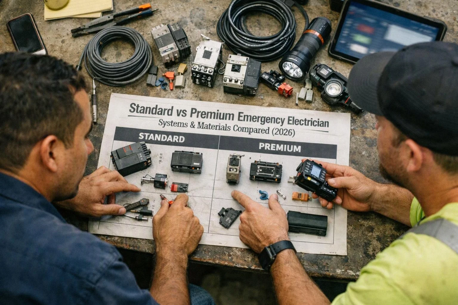Two workers compare electrical parts on a paper chart at a worn workbench, with cables, tools, and a tablet nearby