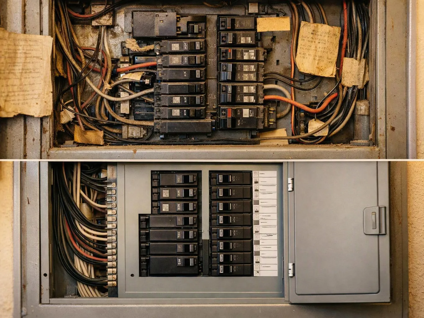 A before-and-after electrical breaker panel shows tangled old wiring above and a neat covered panel below