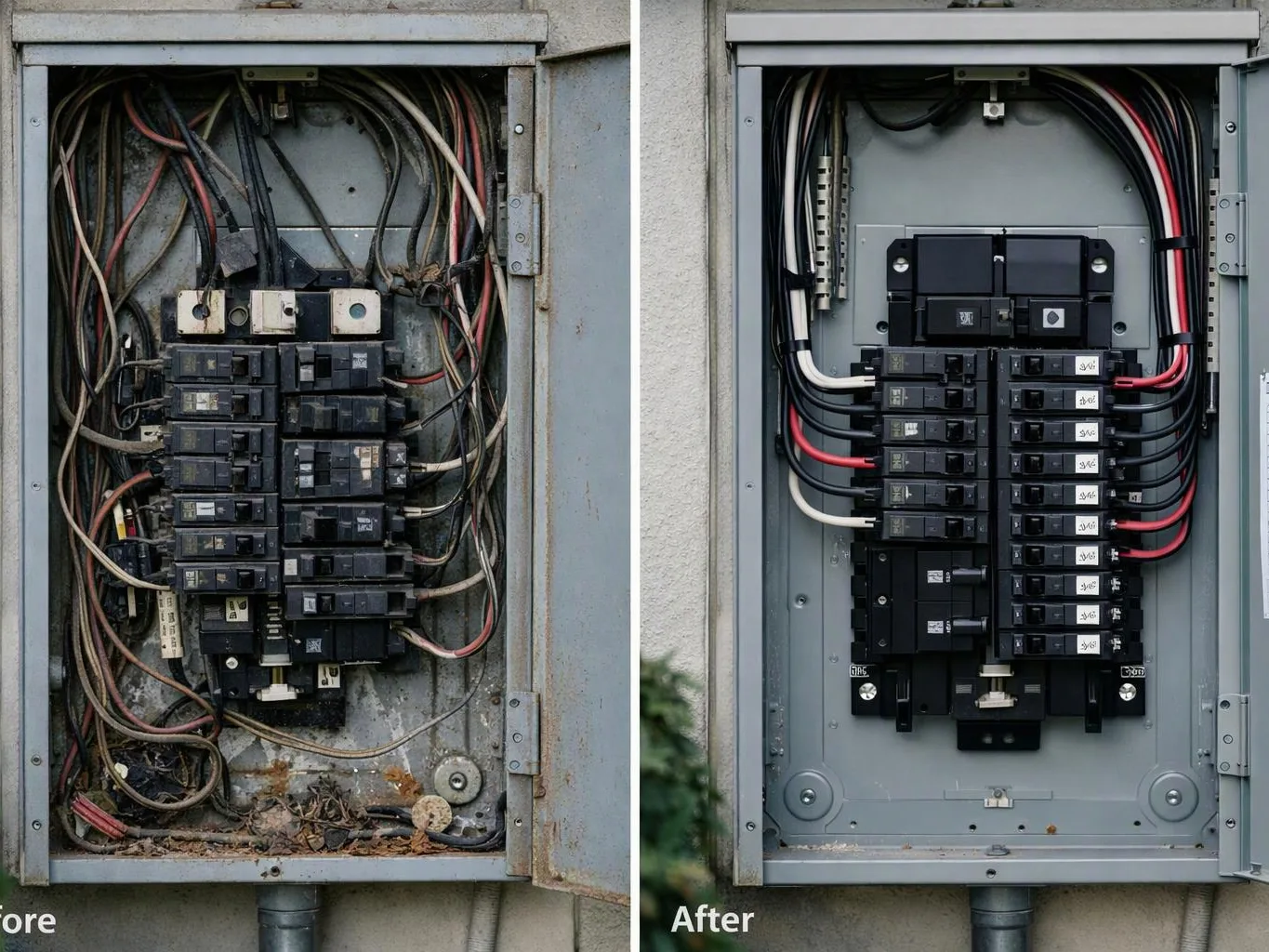 A before-and-after view shows a messy electrical breaker panel next to a neatly rewired panel in a wall cabinet