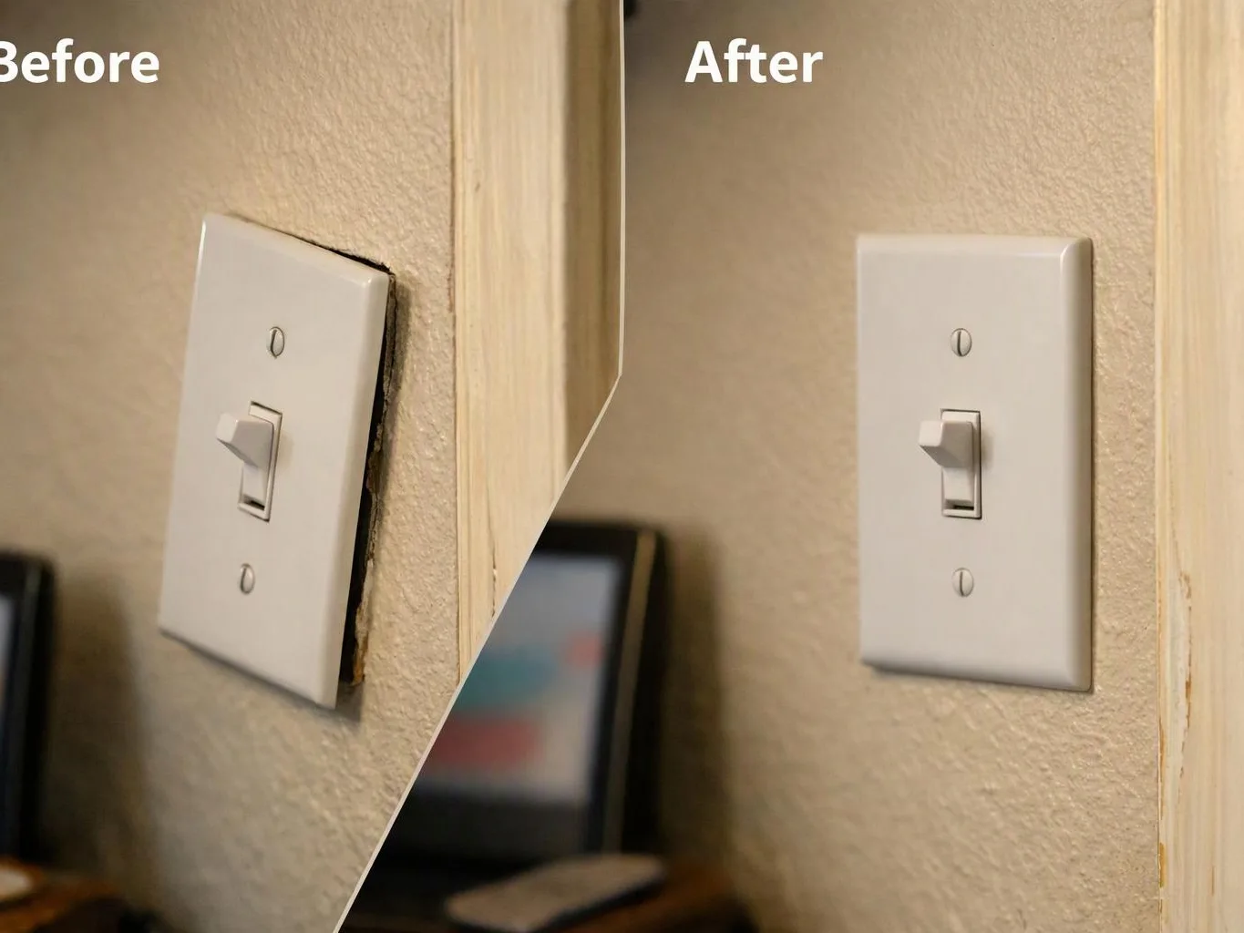 A before-and-after view shows a wall light switch fixed more flush beside a door frame