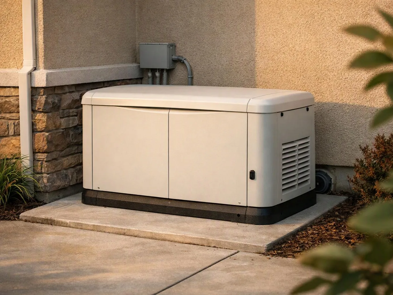 A beige backup generator sits on a concrete pad beside a stucco wall and stone siding