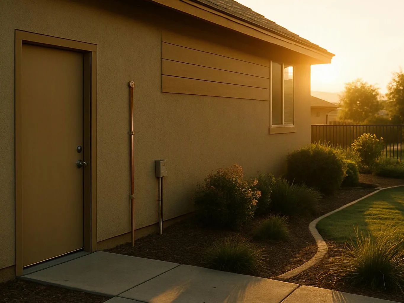 A beige house wall with a closed side door, small window, and sunlit shrubs lines a curved backyard path