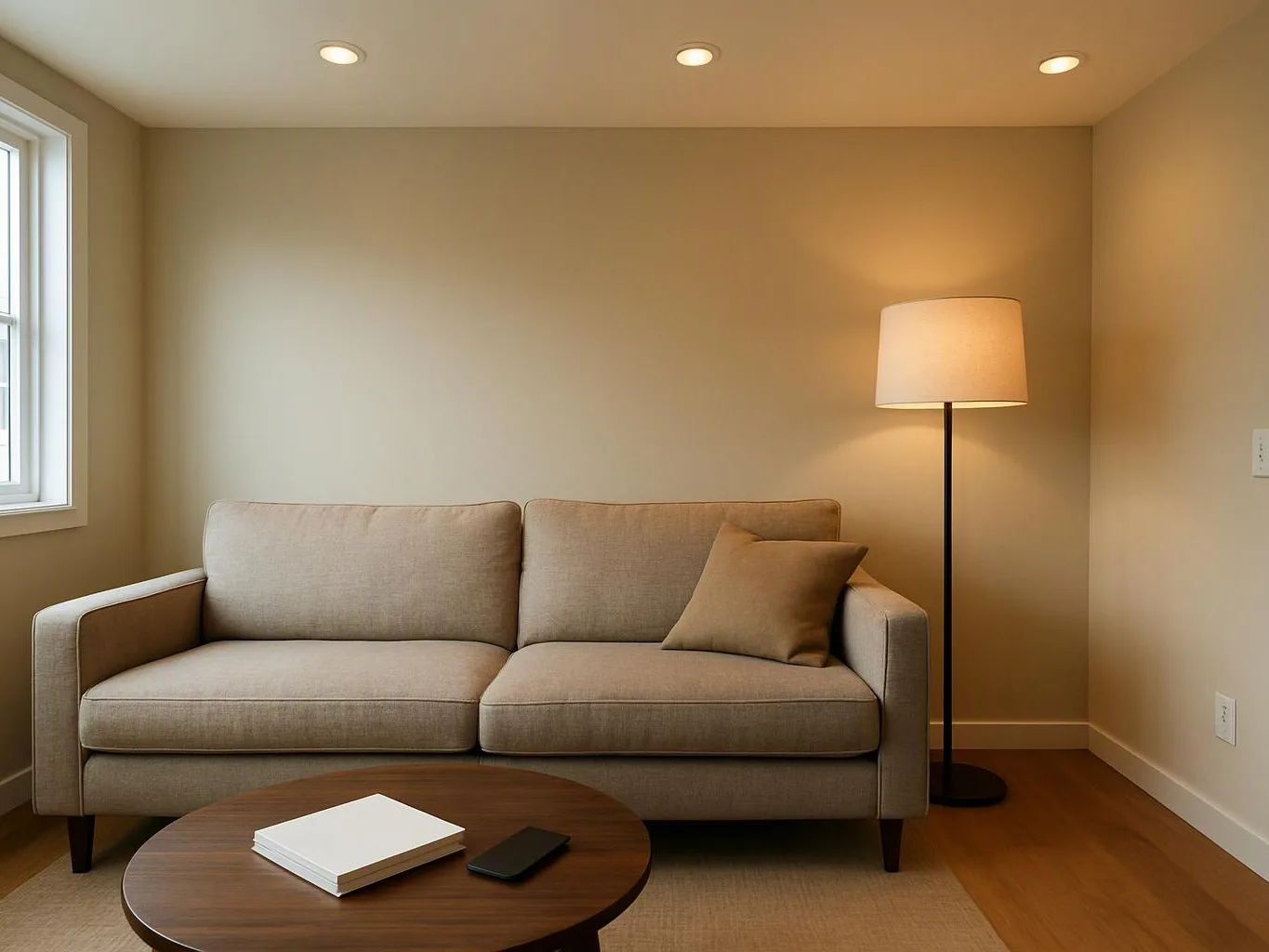 A beige sofa with a pillow sits beside a floor lamp in a simple living room