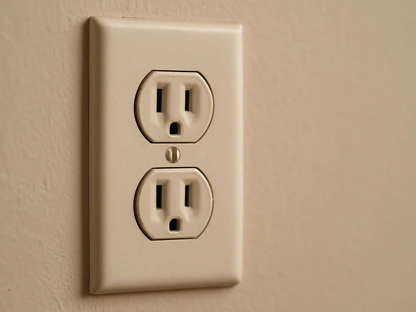 A beige wall outlet with two sockets sits on a plain painted wall