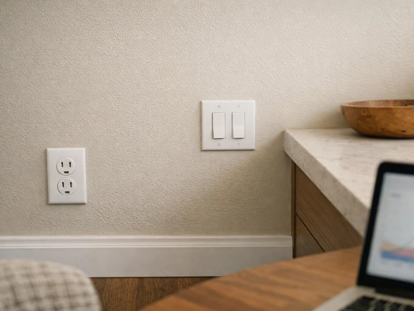 A beige wall shows two electrical outlets and a double light switch beside a countertop and laptop in a room