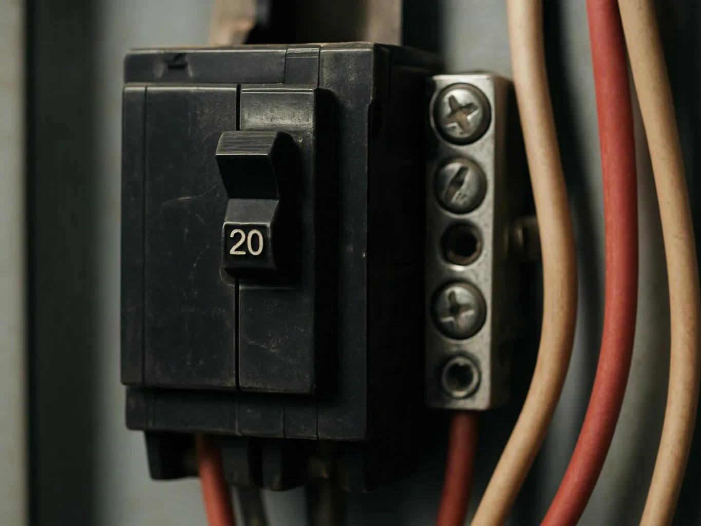 A black 20-amp circuit breaker sits in an electrical panel beside red and beige wires