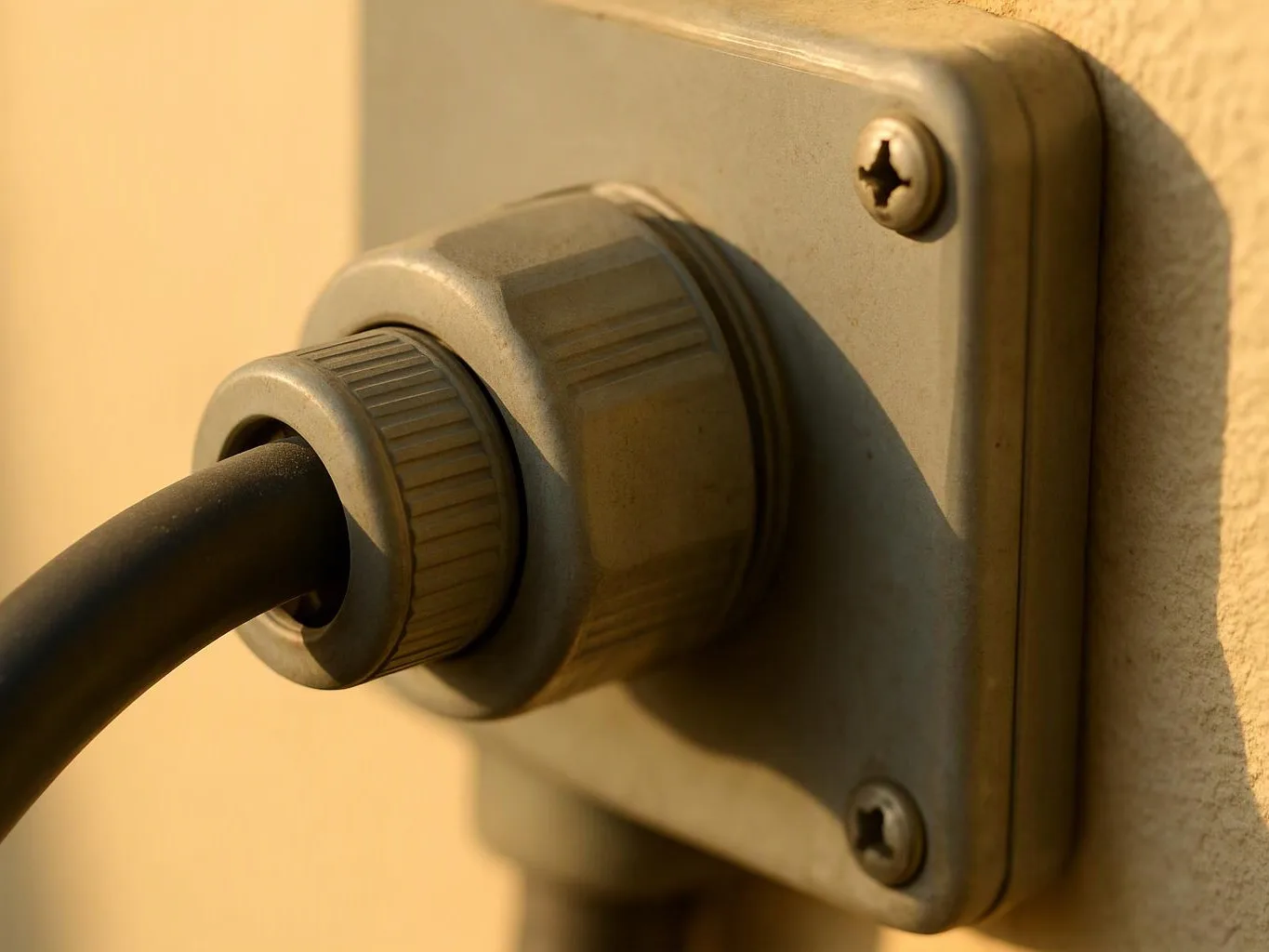 A black cable passes through a gray wall-mounted connector plate with two screws, lit by warm light