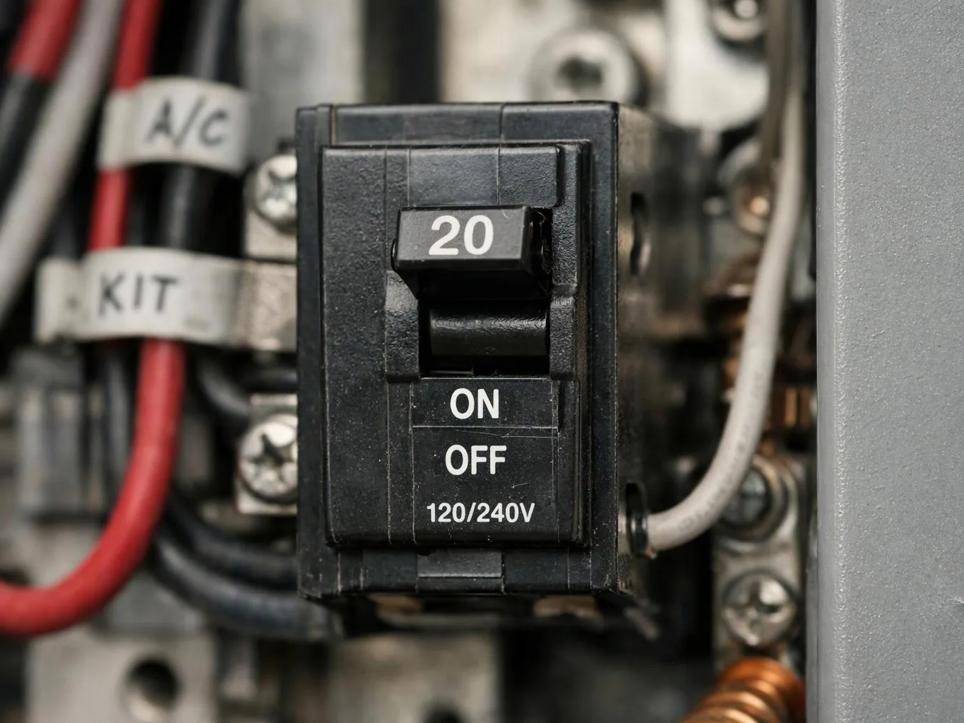 A black electrical circuit breaker labeled 20 sits among colored wires inside a panel