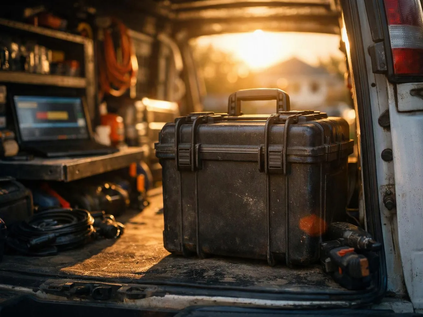 A black hard case sits in a work van beside a laptop, coiled cables, and tools at sunset