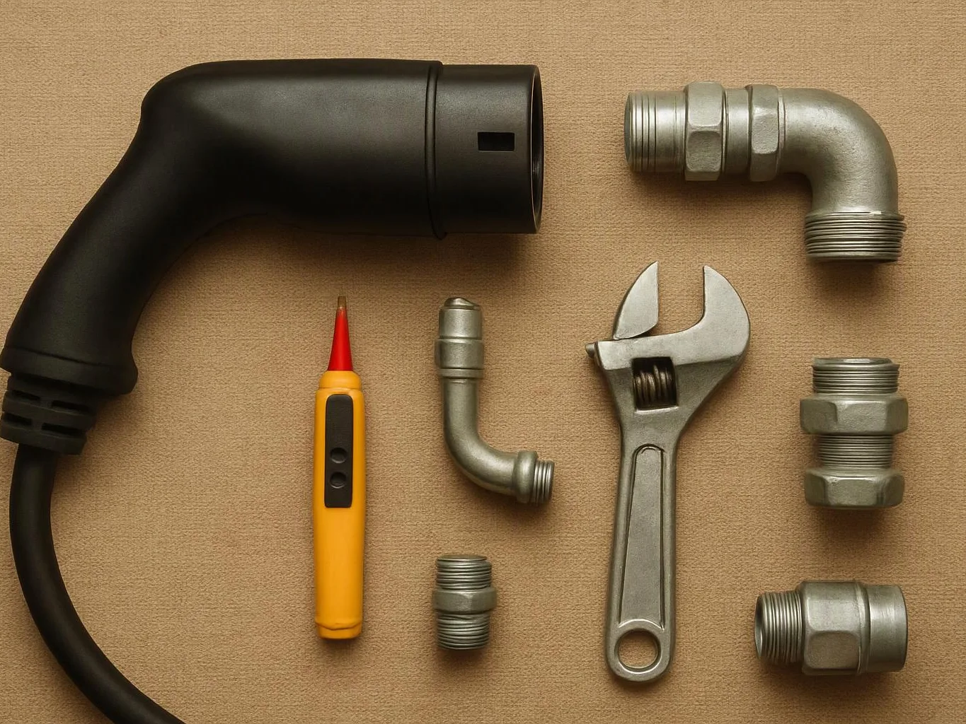 Black heat gun, adjustable wrench, connector fittings, and a voltage tester lie arranged on a tan surface