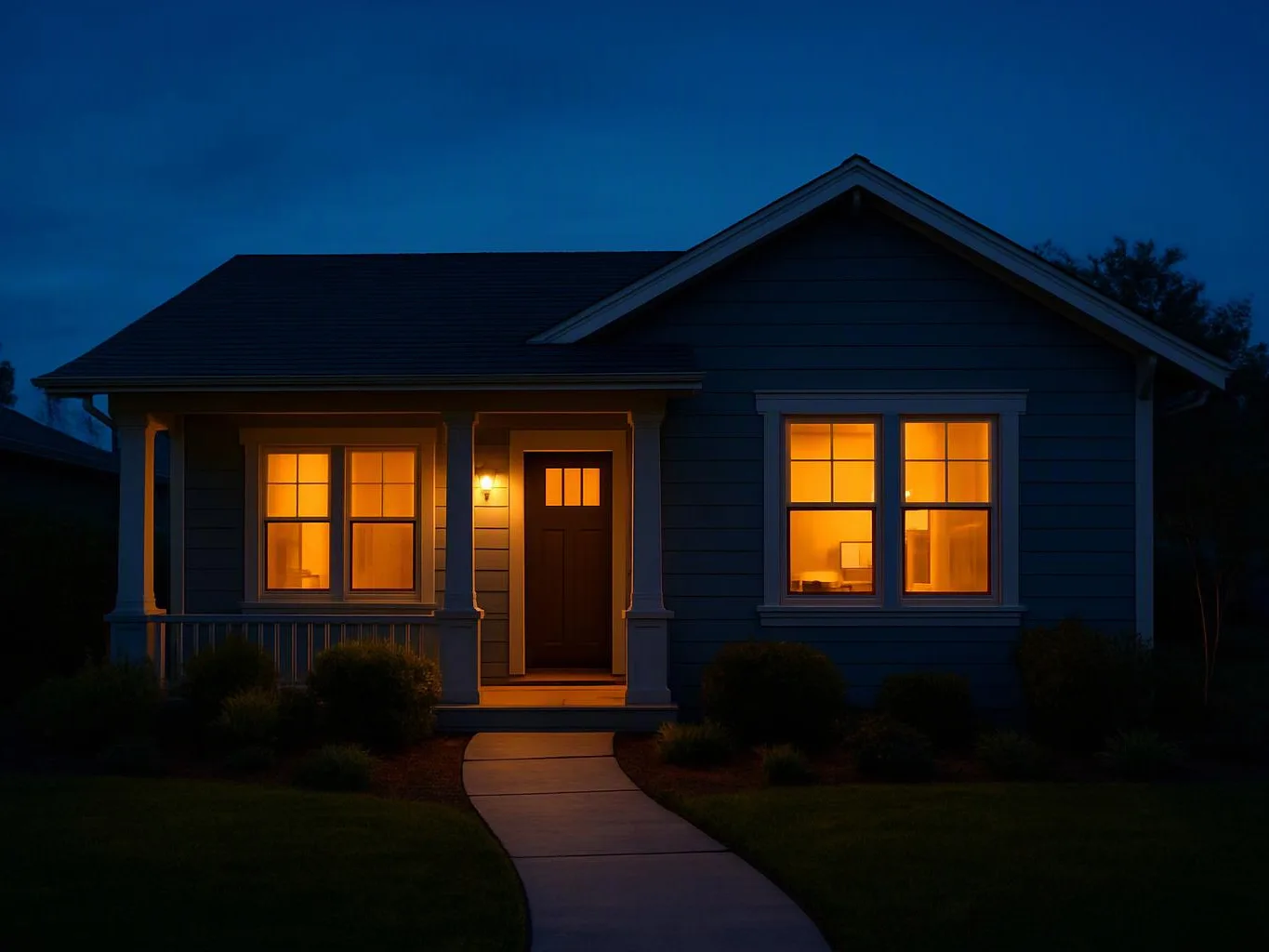 A blue house at dusk glows with warm window light and a lit front door along a curved walkway
