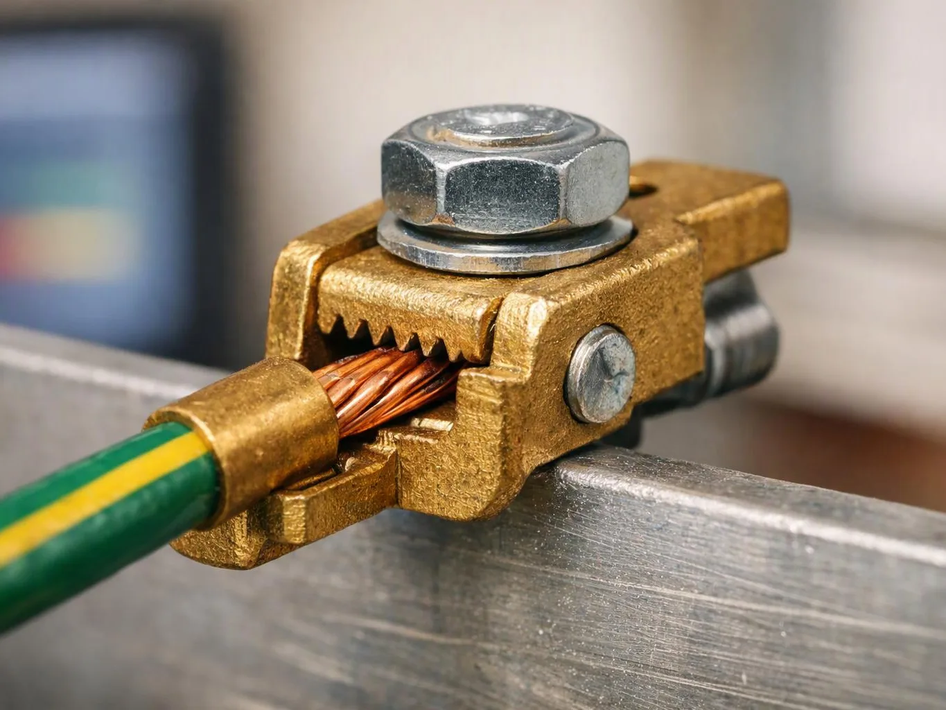 A brass grounding clamp grips a copper wire on a metal surface with a blurred background
