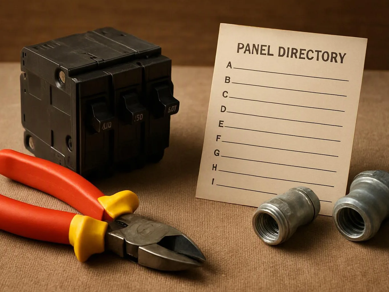 A breaker, pliers, metal conduit fittings, and a blank panel directory card sit on a work surface