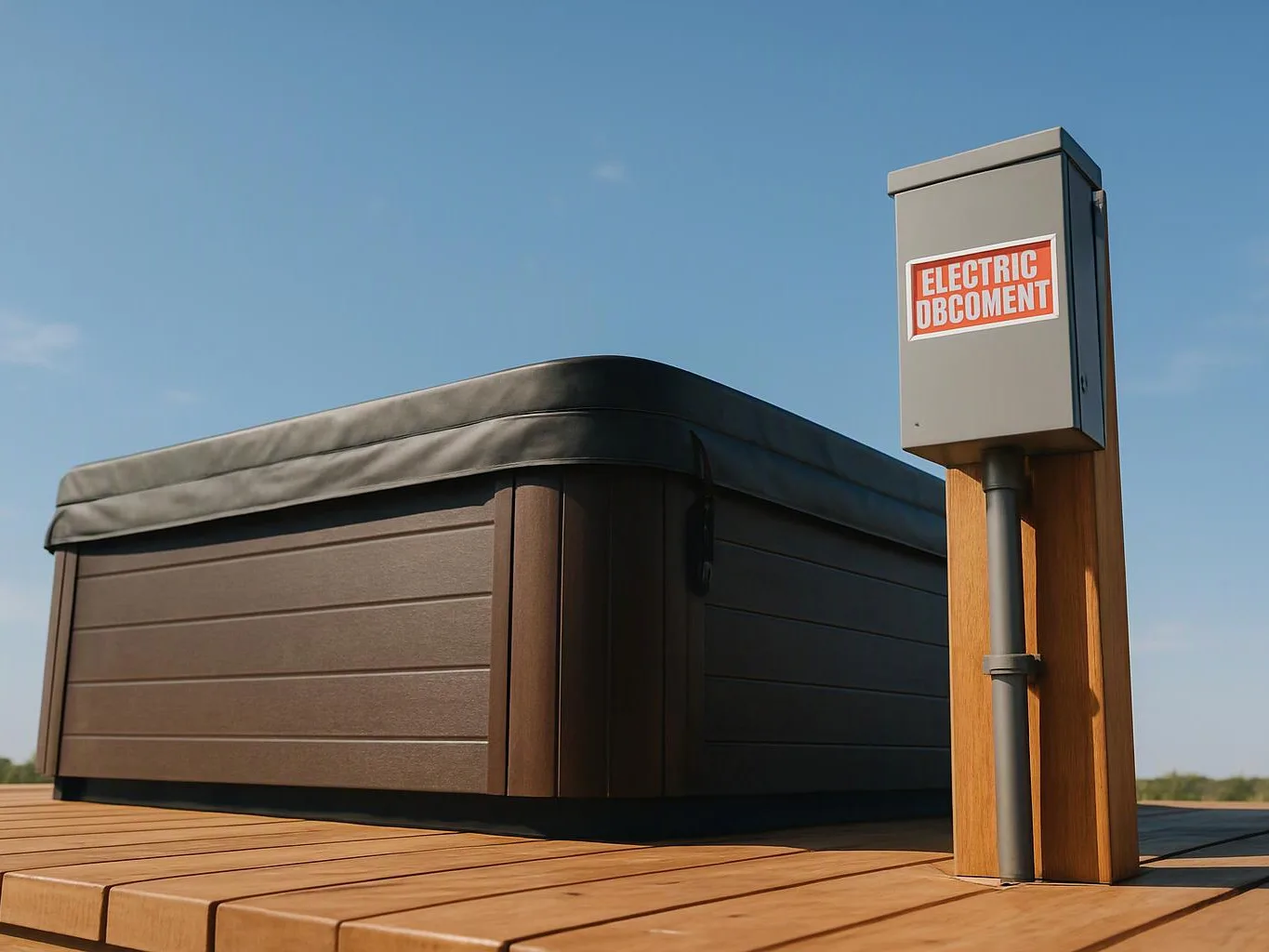 A brown hot tub sits on a wooden deck beside a gray electrical box under a clear blue sky