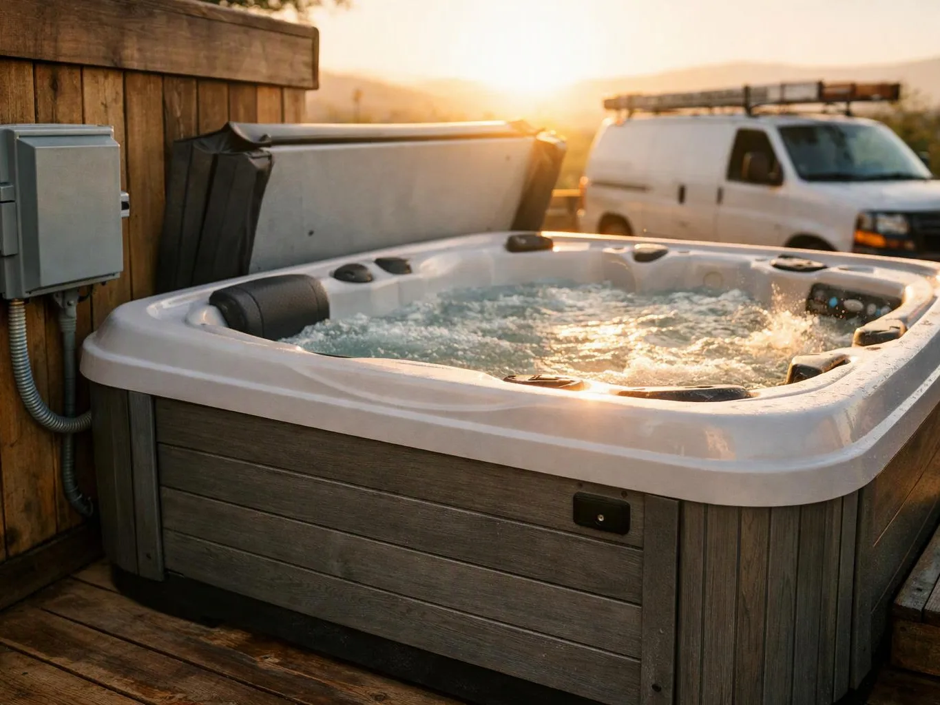 A bubbling hot tub sits on a wooden deck at sunset, with a white van parked behind it