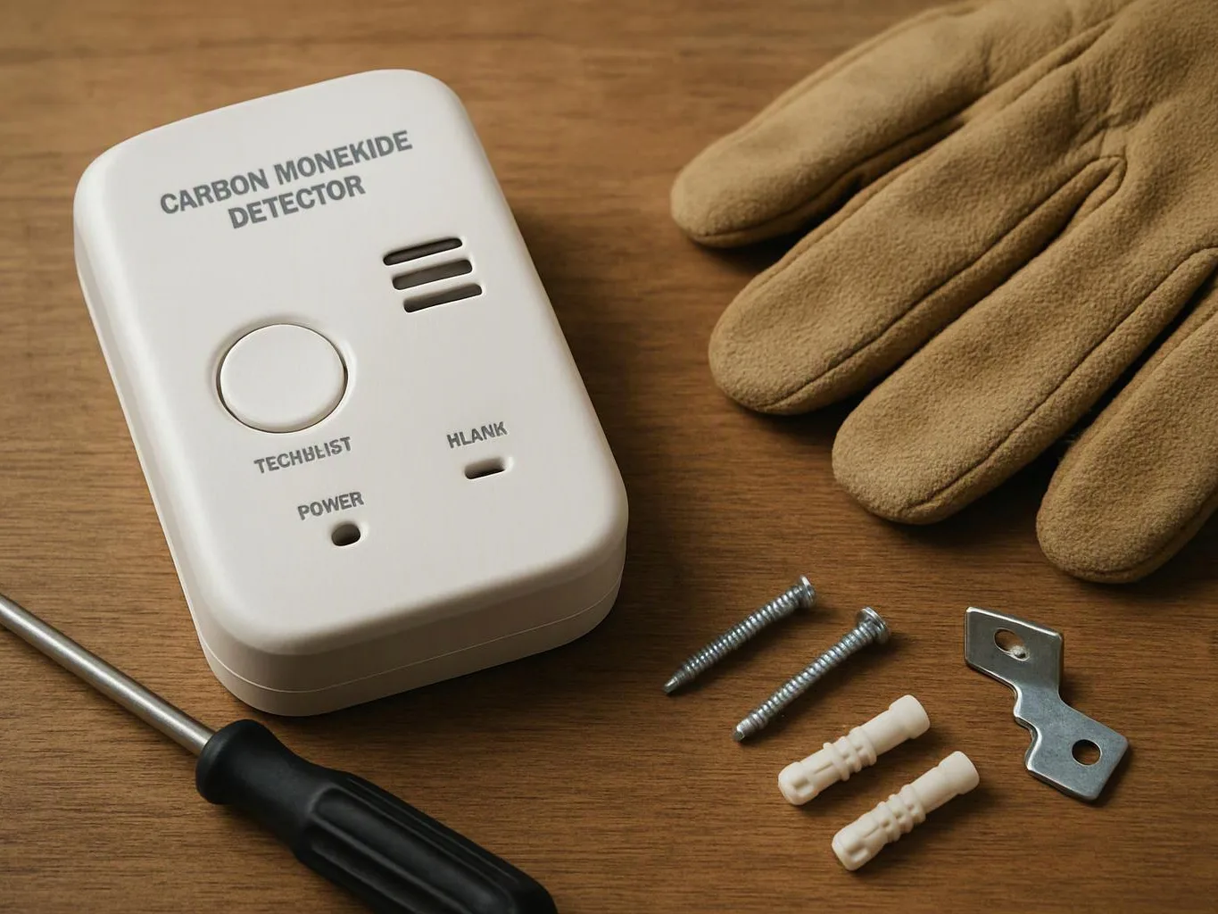 A carbon monoxide detector sits on a wooden surface beside gloves, screws, anchors, a metal bracket, and a screwdriver