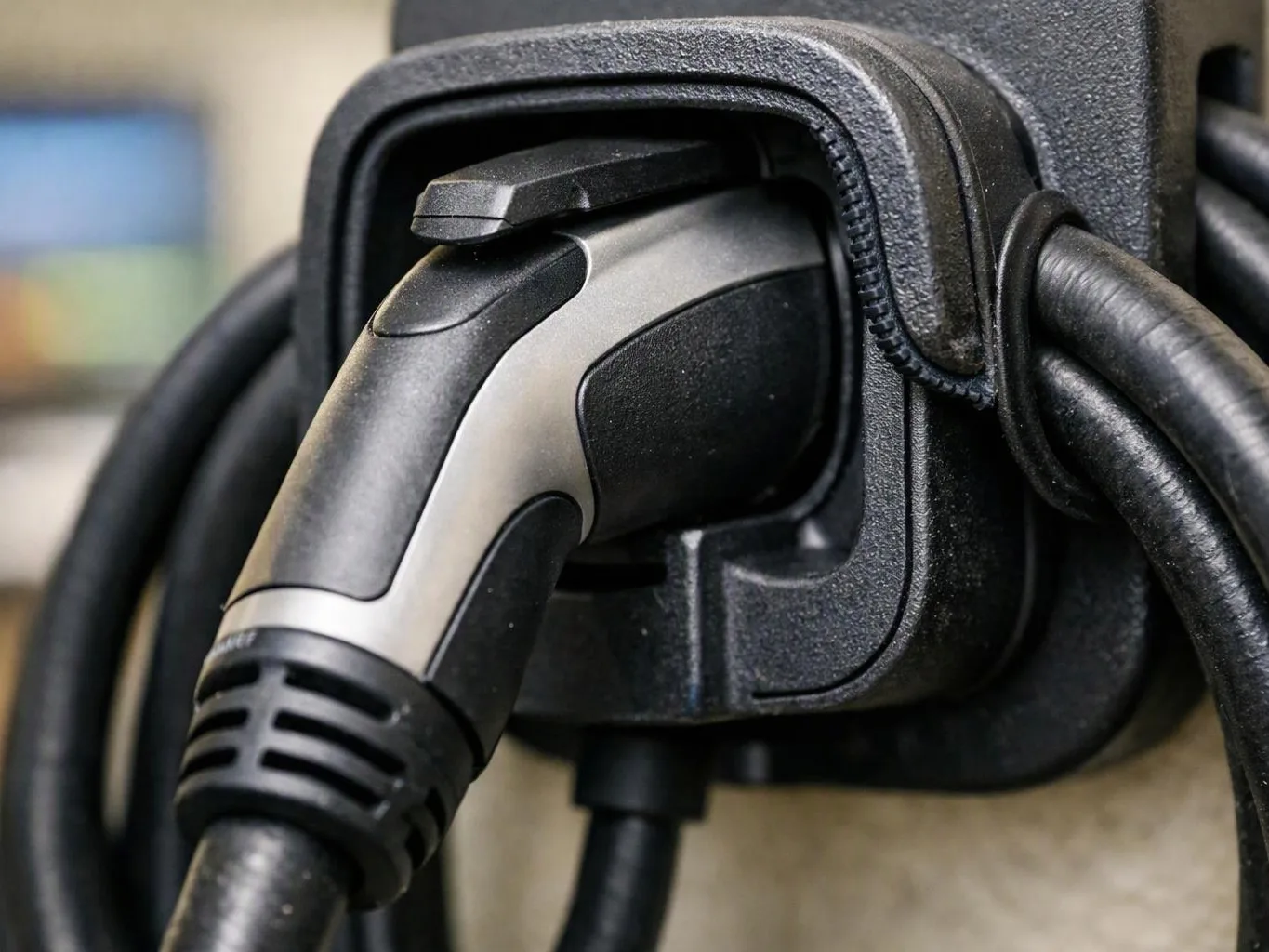A charging plug is inserted into a wall outlet, with thick black cables looping around it