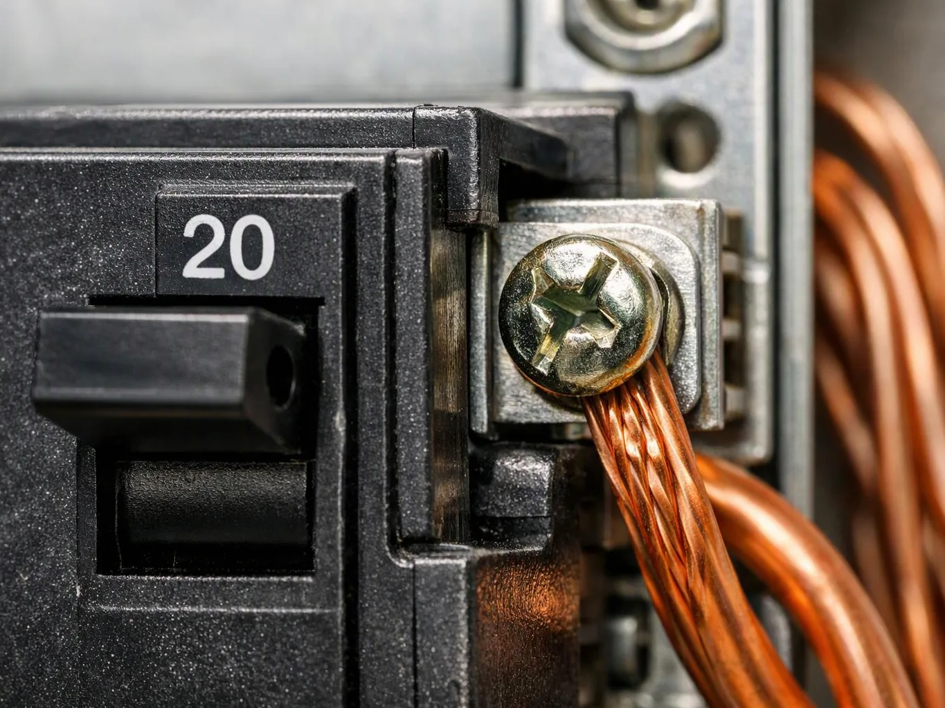Close-up of a black 20-amp breaker with copper wires fastened under a screw in an electrical panel