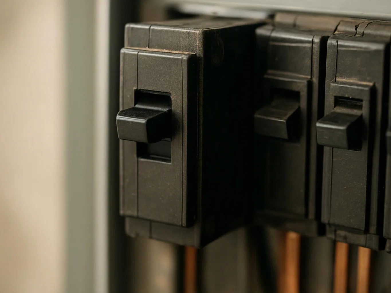 Close-up of black electrical circuit breakers with switches inside a panel box