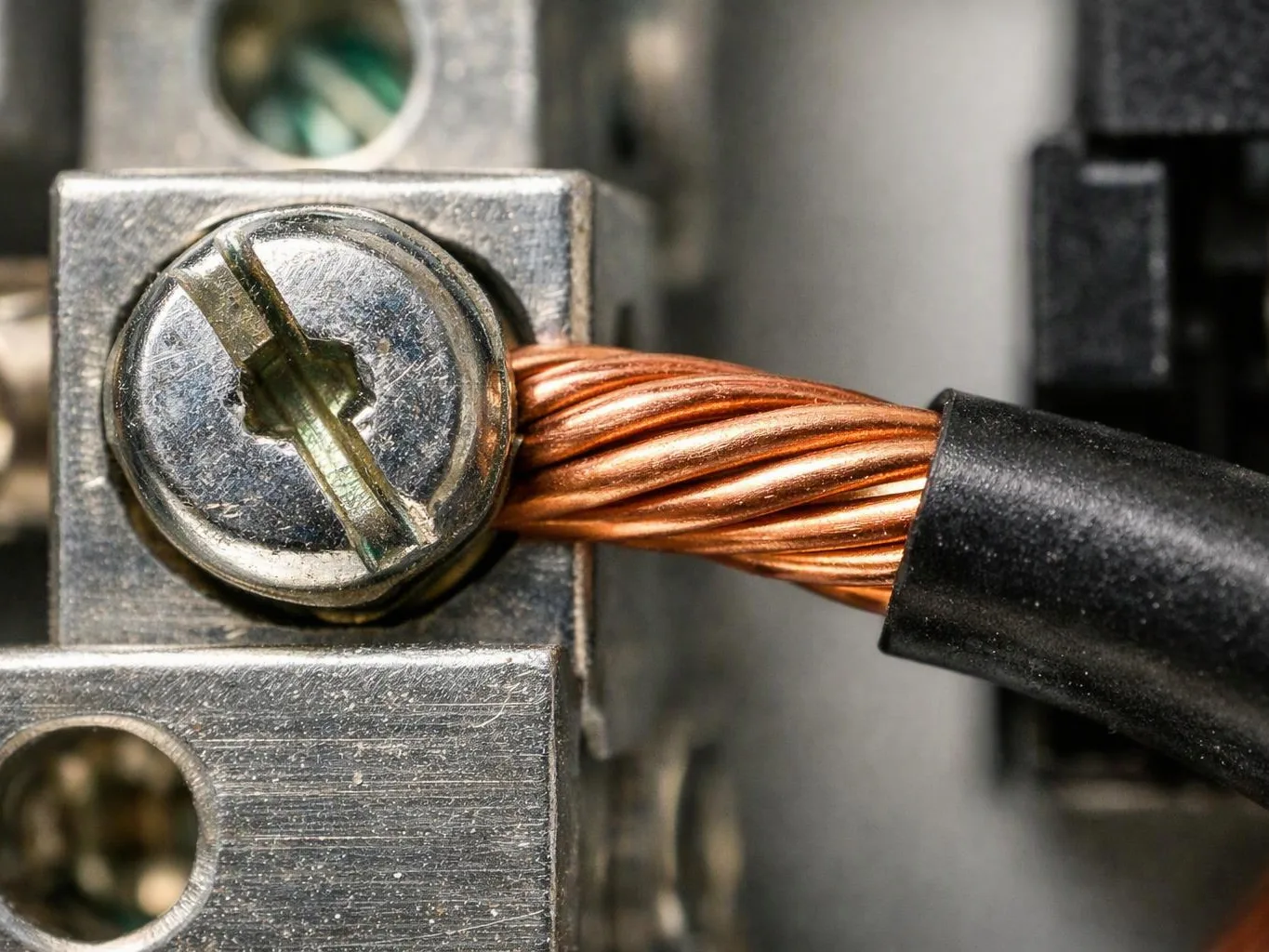 Close-up of a copper wire cable clamped under a slotted metal screw terminal