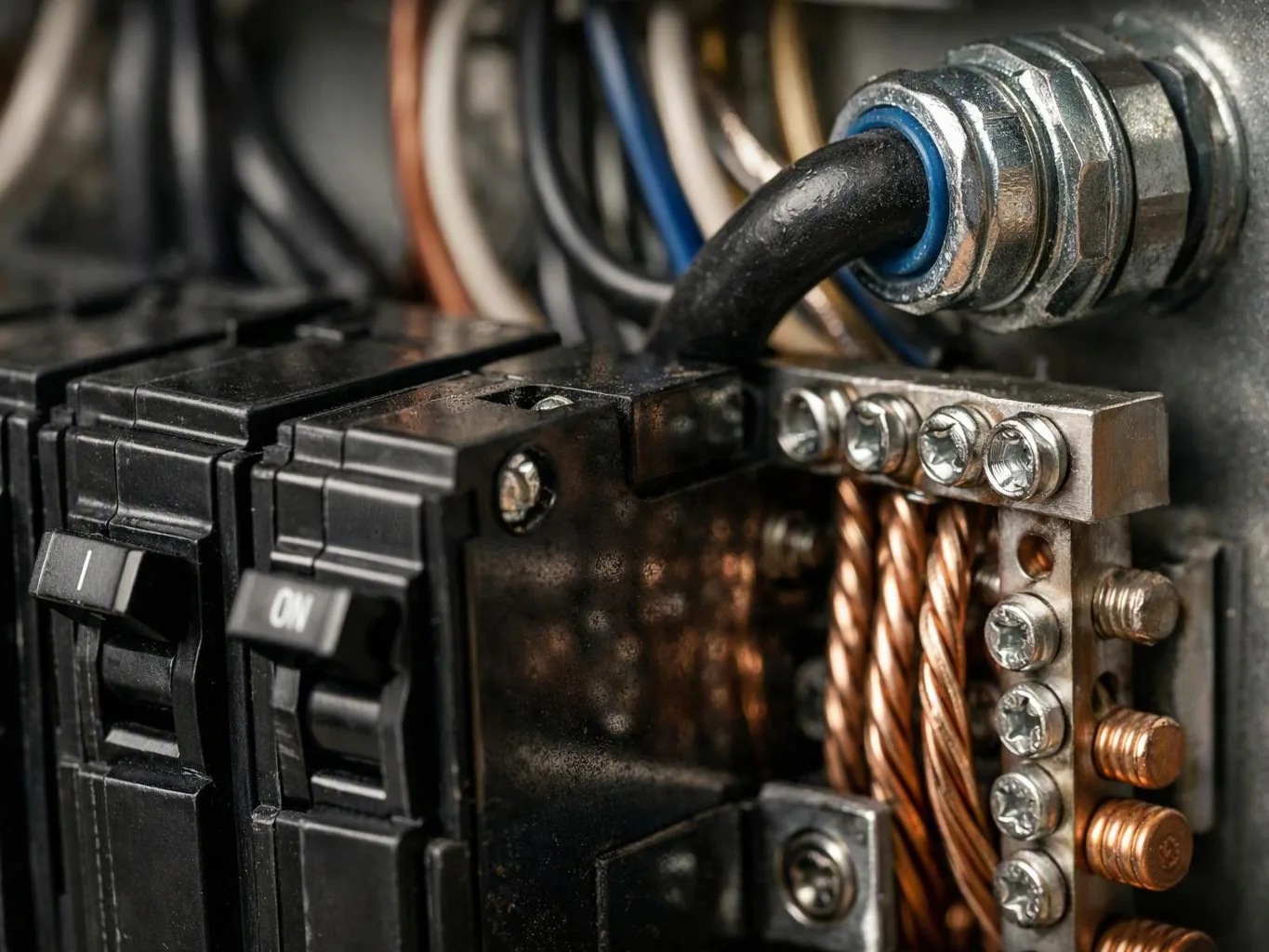 Close-up of an electrical breaker panel with black switches, copper wires, and metal terminals inside a cabinet