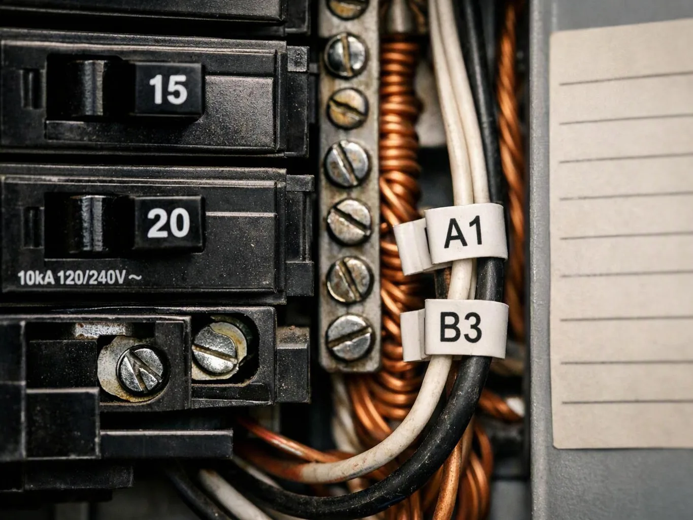 Close-up of an electrical breaker panel with labeled wires, metal screws, and black switches marked 15 and 20