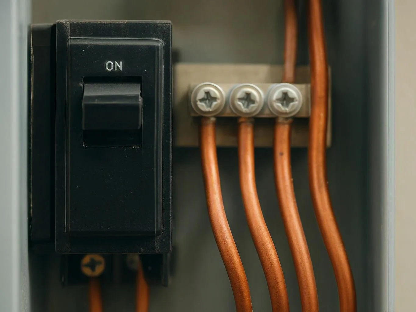 Close-up of an electrical breaker switch beside copper wires and metal terminals inside a panel