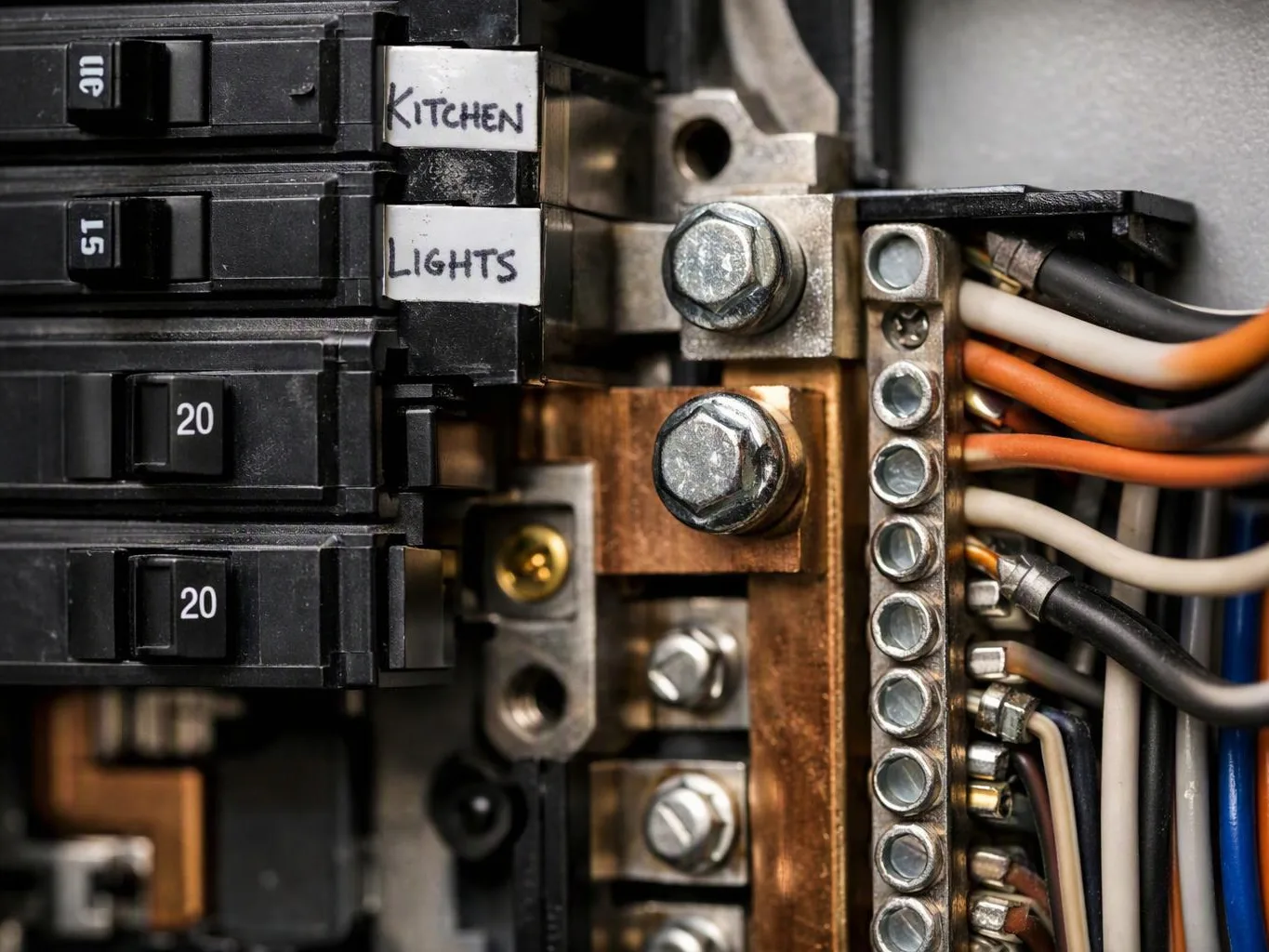 Close-up of electrical circuit breakers, labeled kitchen and lights, beside copper bus bars and bundled wires