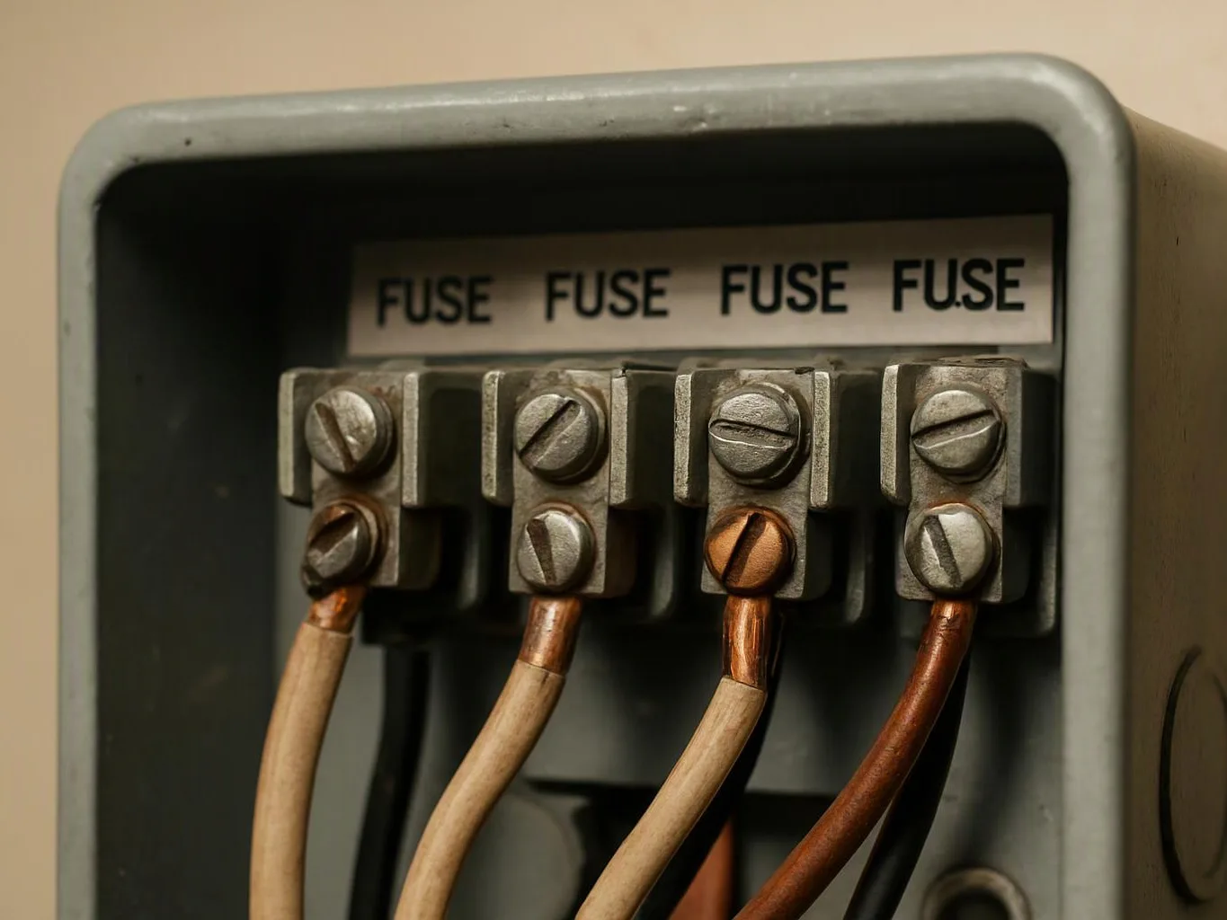 Close-up of an electrical fuse box with four labeled fuse terminals and connected wires