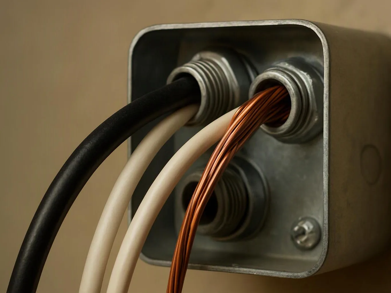 Close-up of electrical wires feeding through a small metal junction box on a plain wall