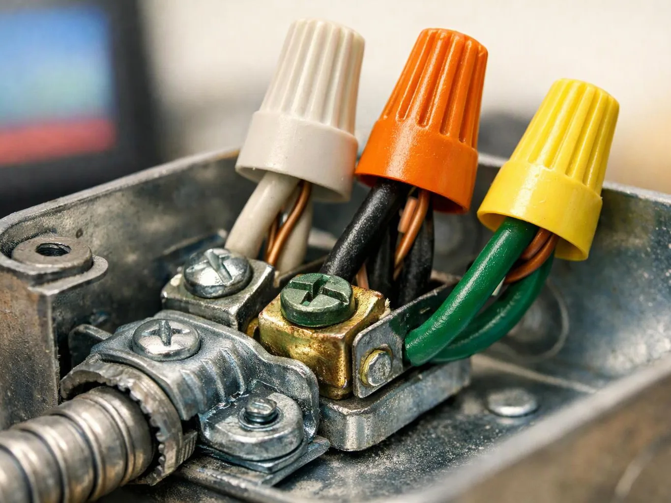 Close-up of electrical wires joined by color-coded wire nuts inside a metal junction box