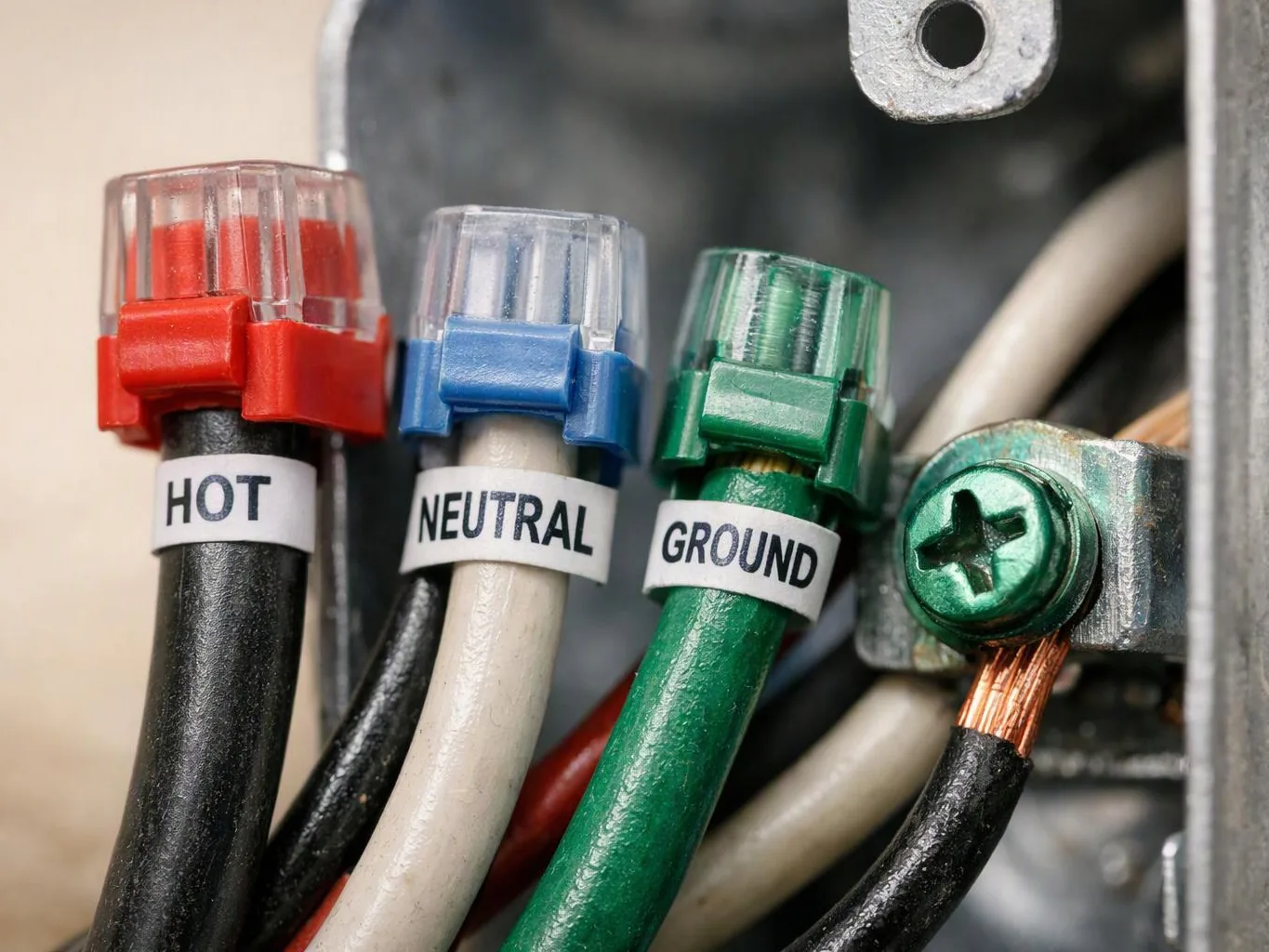 Close-up of electrical wires labeled hot, neutral, and ground connected inside a metal box
