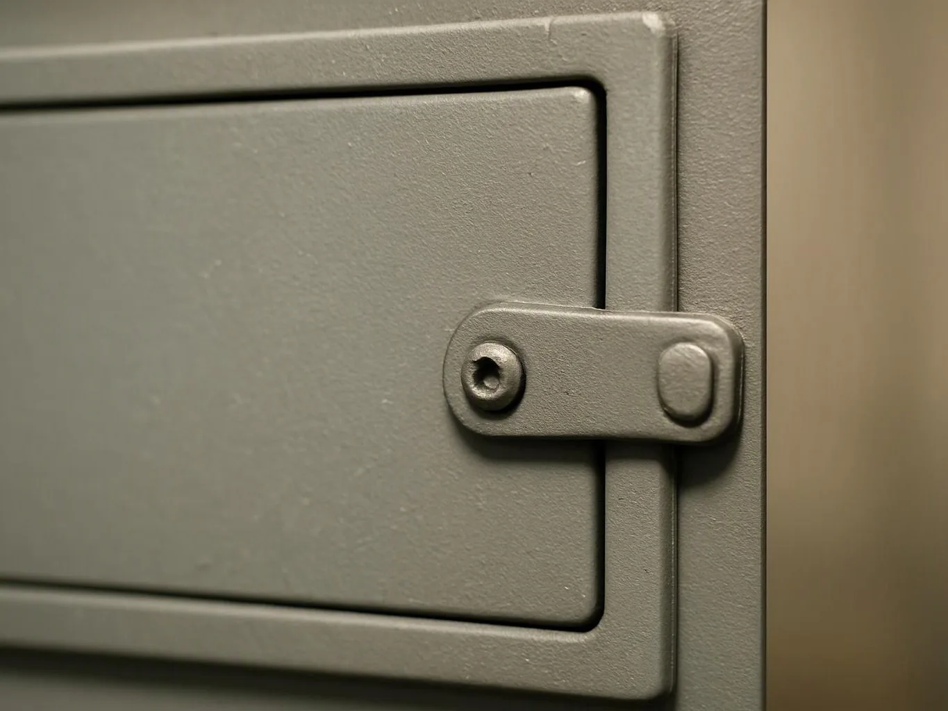 Close-up of a gray metal cabinet door with a small latch and screw mounted on the right side