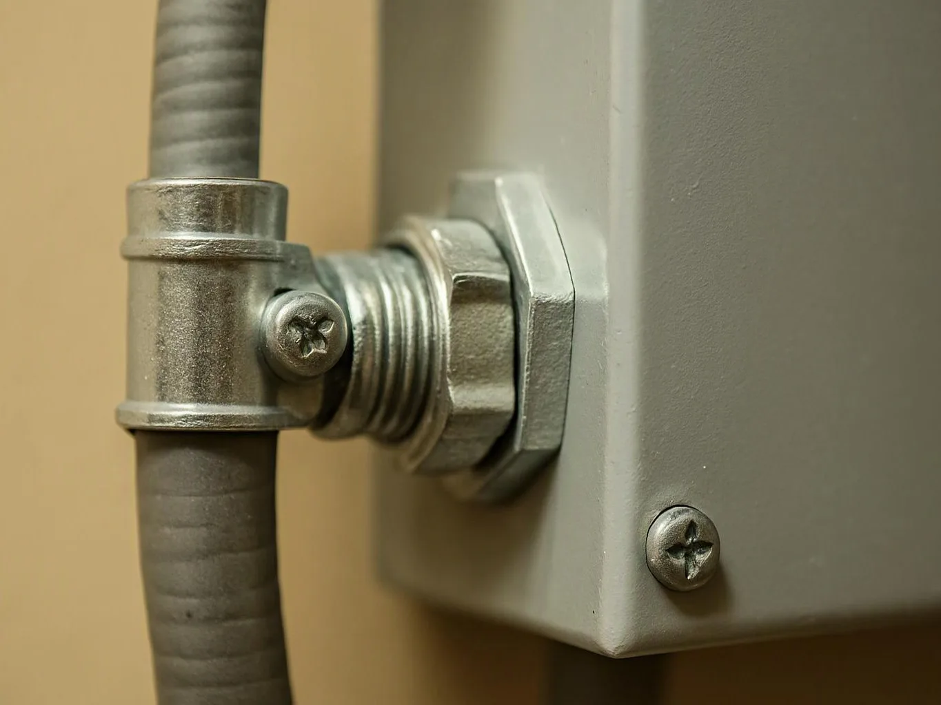 Close-up of a metal conduit clamp attached to a gray electrical box against a beige wall
