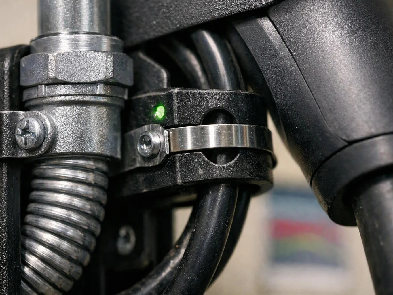 Close-up of metal fittings and black cables secured by a clamp with a small green light