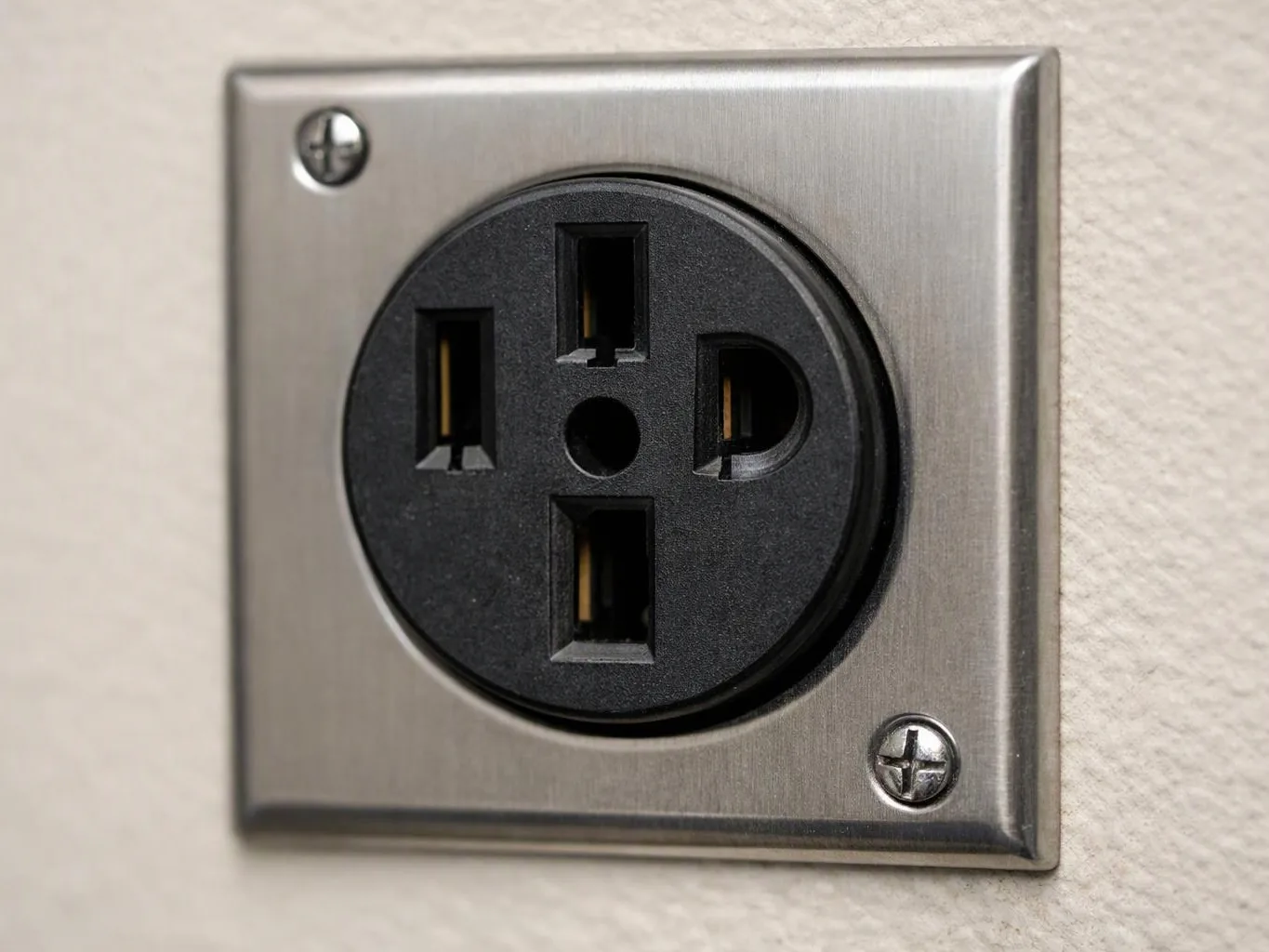 A close-up shows a black electrical wall outlet in a brushed metal plate on a textured wall