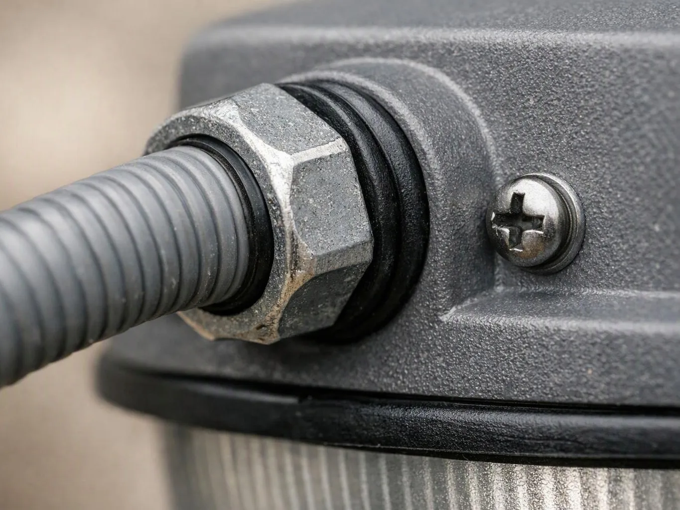 A close-up shows a gray corrugated hose threaded into a metal fitting on a textured machine housing