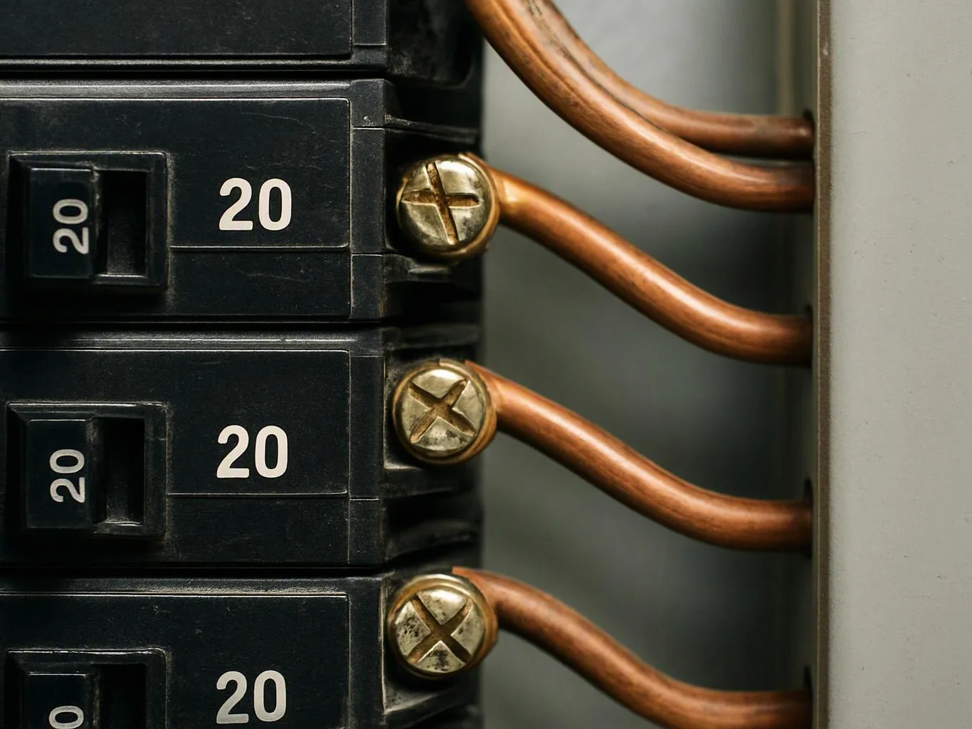 Close-up of three black circuit breakers labeled 20 with copper wires attached inside an electrical panel